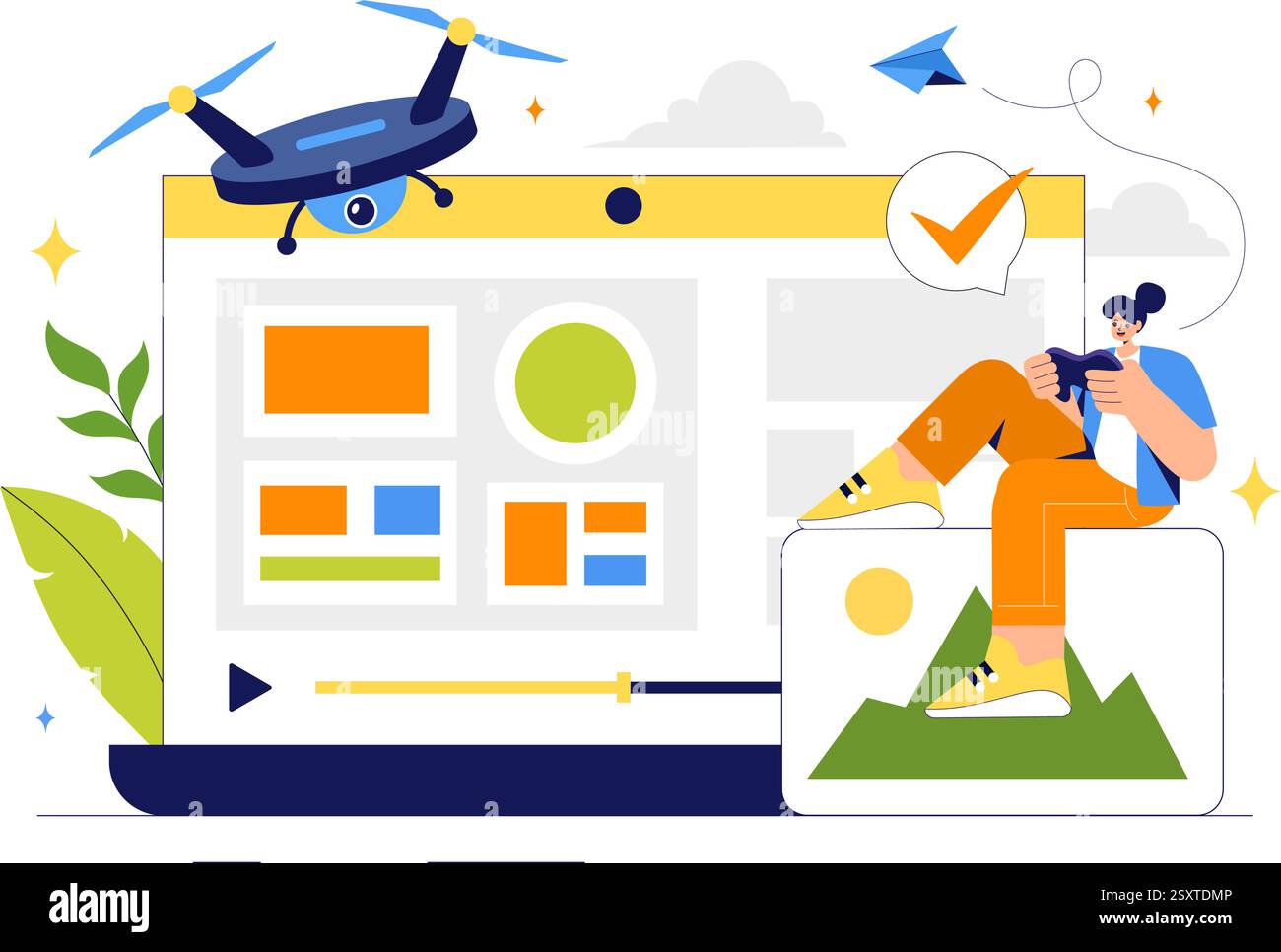 Illustrazione vettoriale per la fotografia dei droni con un drone con telecomando, che cattura foto aeree e video dall'alto su uno sfondo piatto Illustrazione Vettoriale