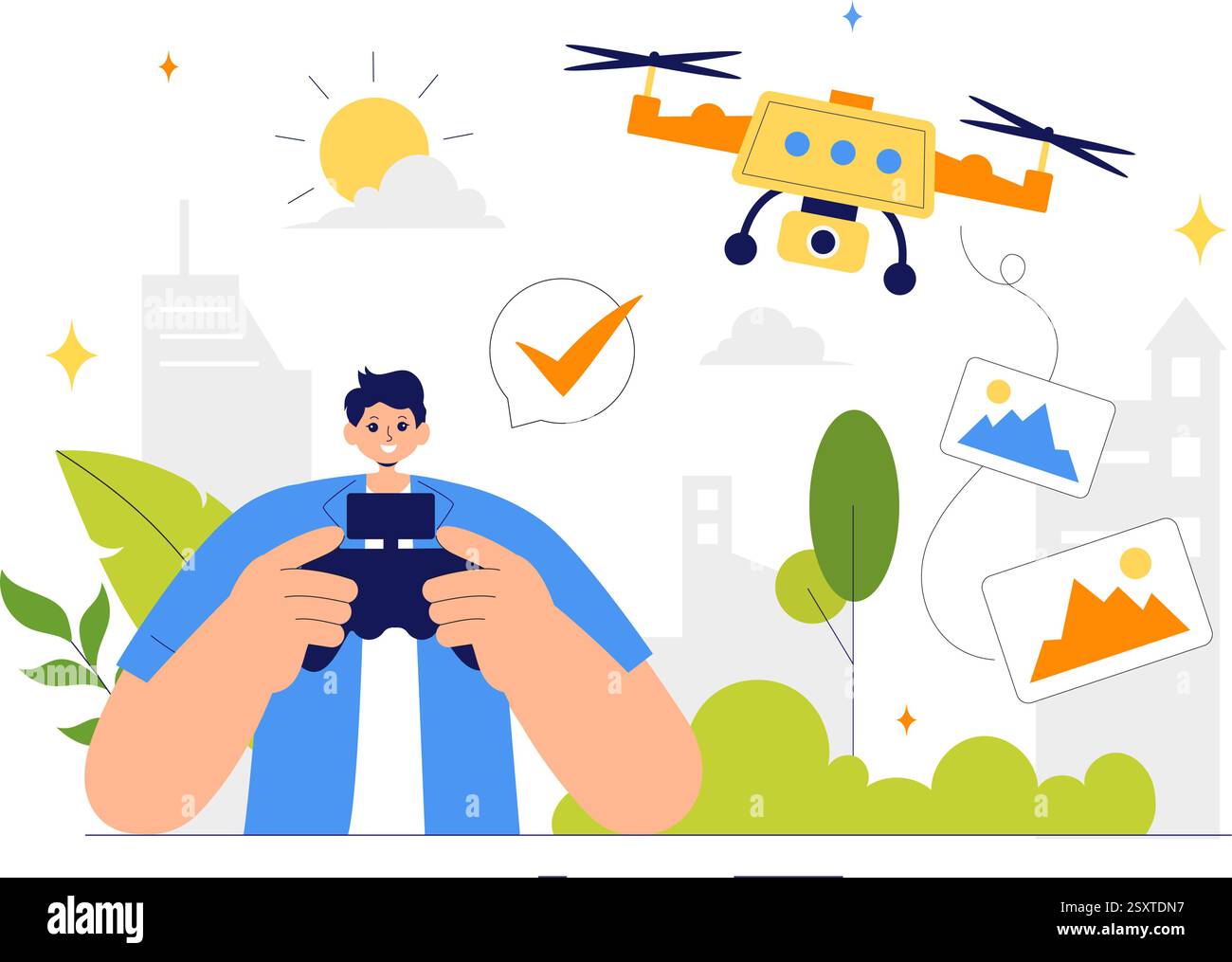 Illustrazione vettoriale per la fotografia dei droni con un drone con telecomando, che cattura foto aeree e video dall'alto su uno sfondo piatto Illustrazione Vettoriale