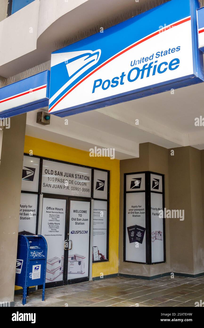 San Juan Puerto Rico, Viejo Old San Juan, Paseo de Colon, USPS United States Post Office, Old San Juan Station, servizio postale, spedizione postale, passaporto ap Foto Stock