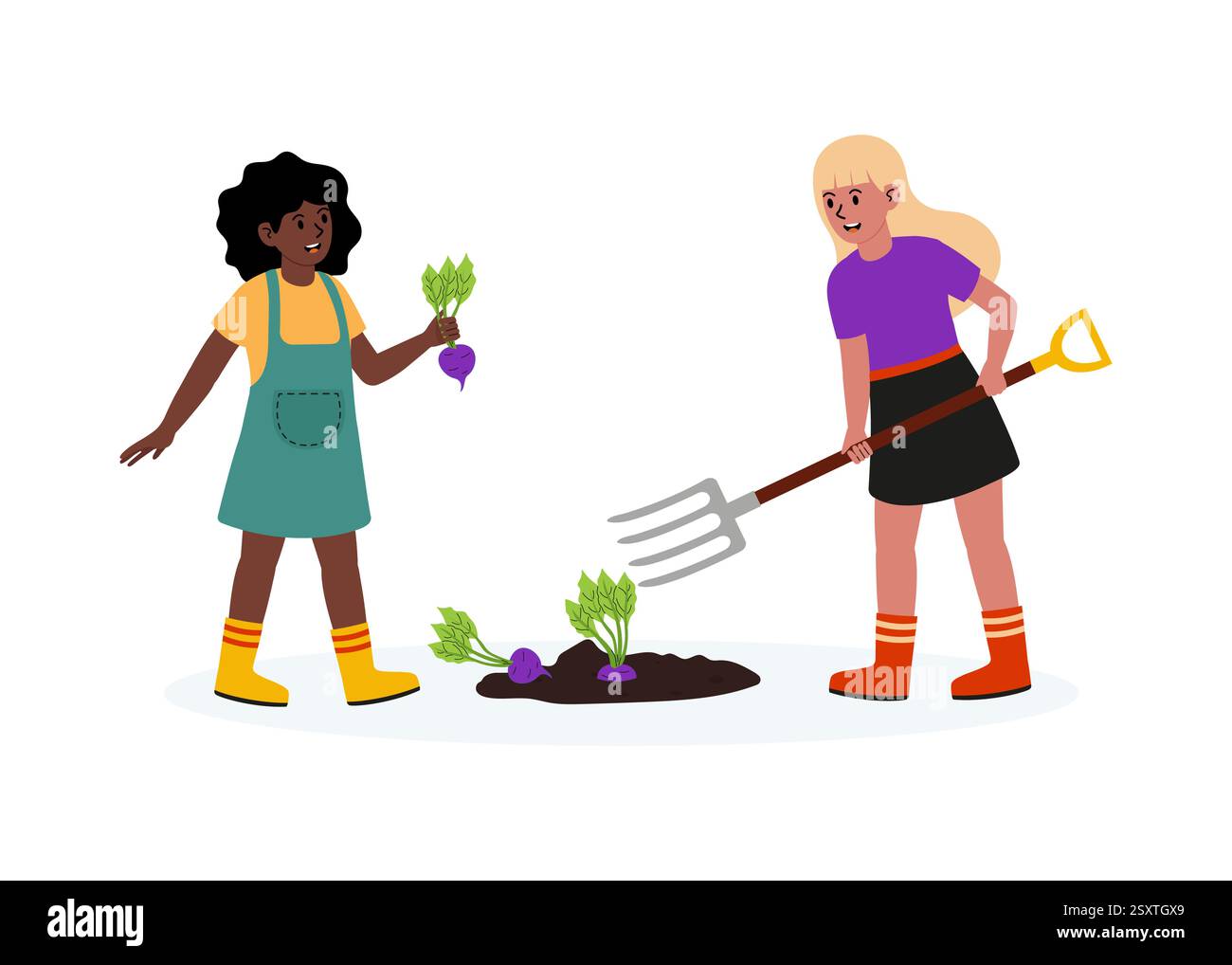 Bambini che raccolgono verdure insieme in un giardino in una giornata di sole d'estate Illustrazione Vettoriale