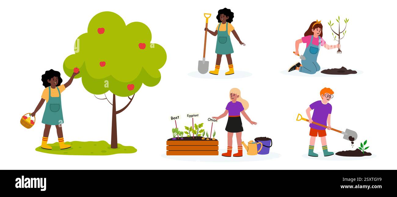 Giardino comunitario con diverse persone che piantano e raccolgono insieme Illustrazione Vettoriale