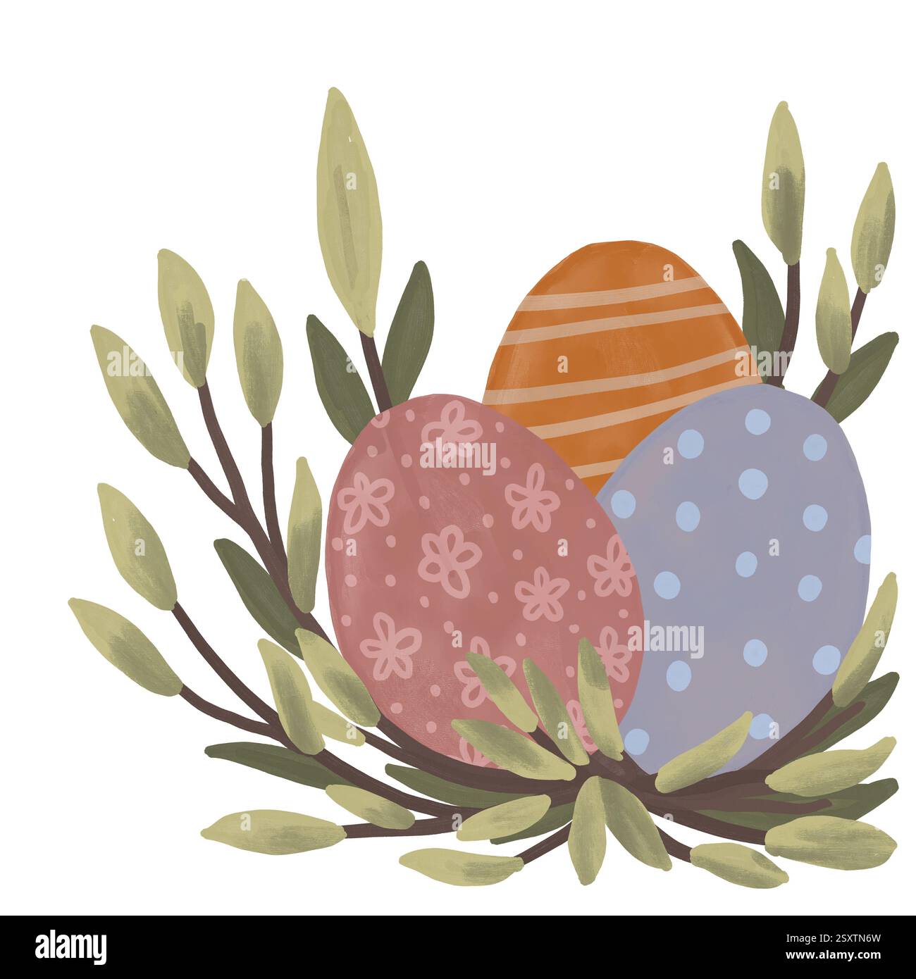 uova di pasqua felici disegnate a mano di colore blu arancio con ornamento a pois a strisce con nido di foglie di rami. Simboli religiosi cristiani colorati per il design di tessere, design minimalista semplice per l'arte delle feste primaverili Foto Stock