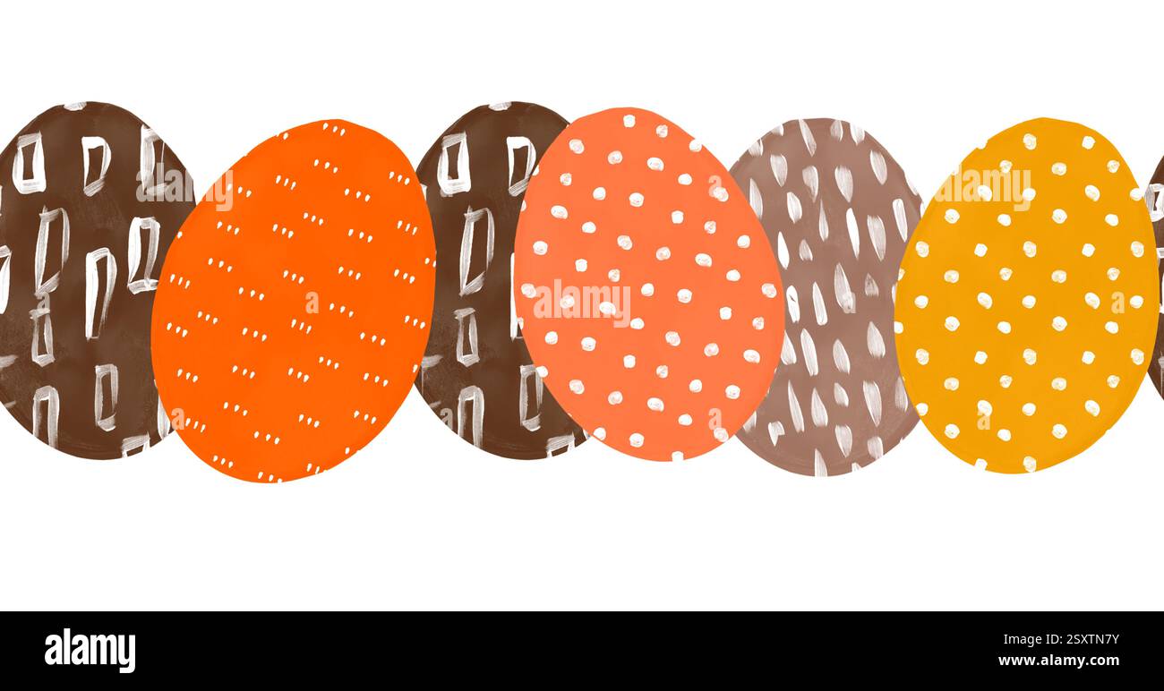 uova pasquali di colore blu arancio con bordo senza cuciture disegnate a mano e ornamenti a pois a strisce. Simboli religiosi cristiani colorati per il design di tessere, design minimalista semplice per l'arte delle feste primaverili Foto Stock