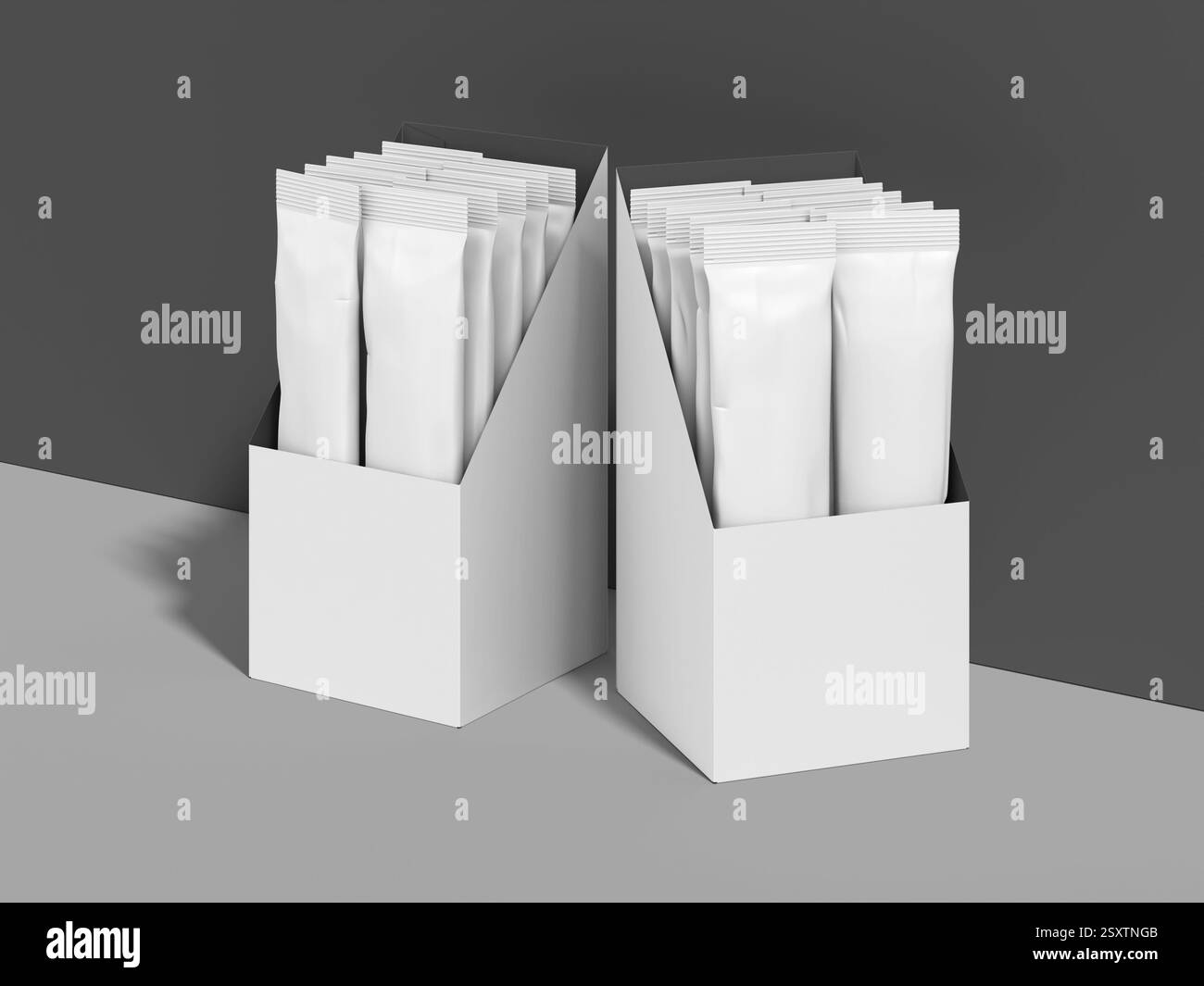 Sacchetti bianchi e confezione per snack 3D Rendering Foto Stock