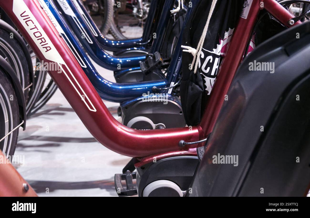 Biciclette elettriche Victoria con un passaggio particolarmente basso, primo piano del telaio presso il punto di ingresso a Braunschweig, Germania, 2025 febbraio 23 Foto Stock