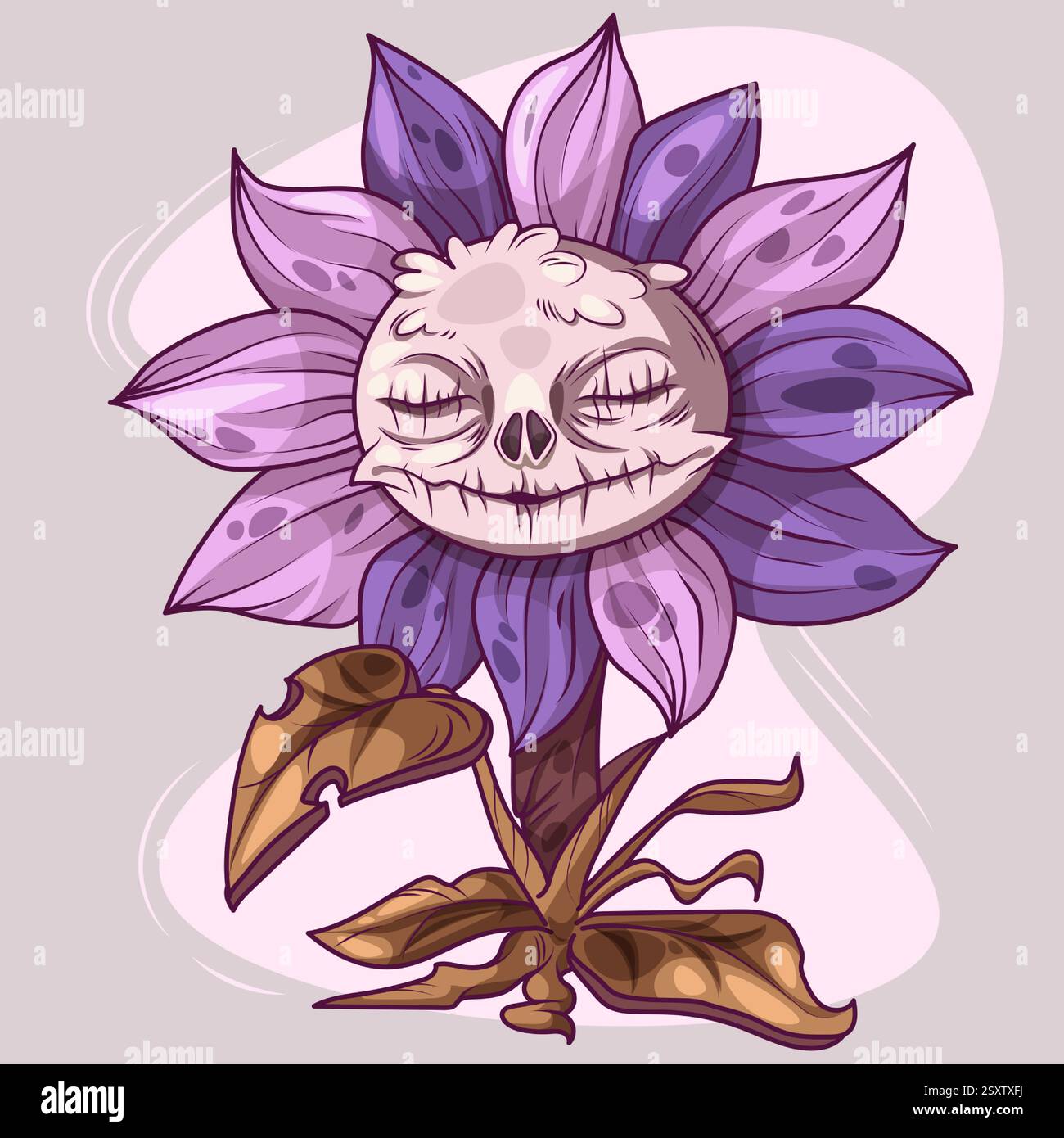 Spaventoso mostro di piante con fiore a forma di cranio e petali viola su stelo marrone. Personaggio floreale addormentato a occhi chiusi per decorazioni di Halloween, risorse di gioco o spaventose illustrazioni botaniche. Illustrazione Vettoriale