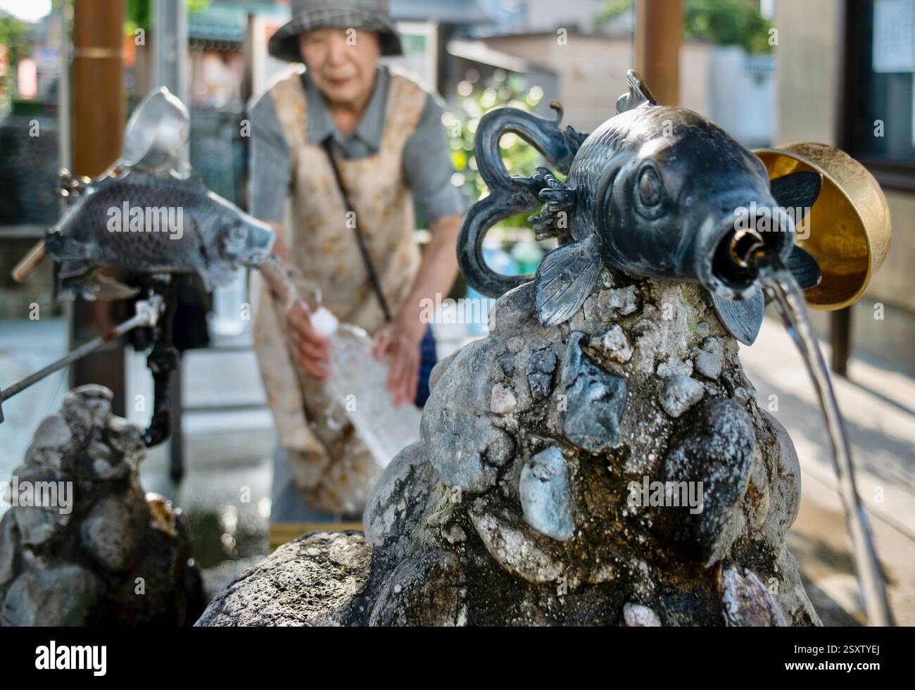 I residenti raccolgono l'acqua di sorgente in una sorgente lungo il fiume Itachi nella città di Toyoma, prefettura di Toyama, Giappone il 13 settembre 2017. ROBERT GILHOOLY Foto Stock