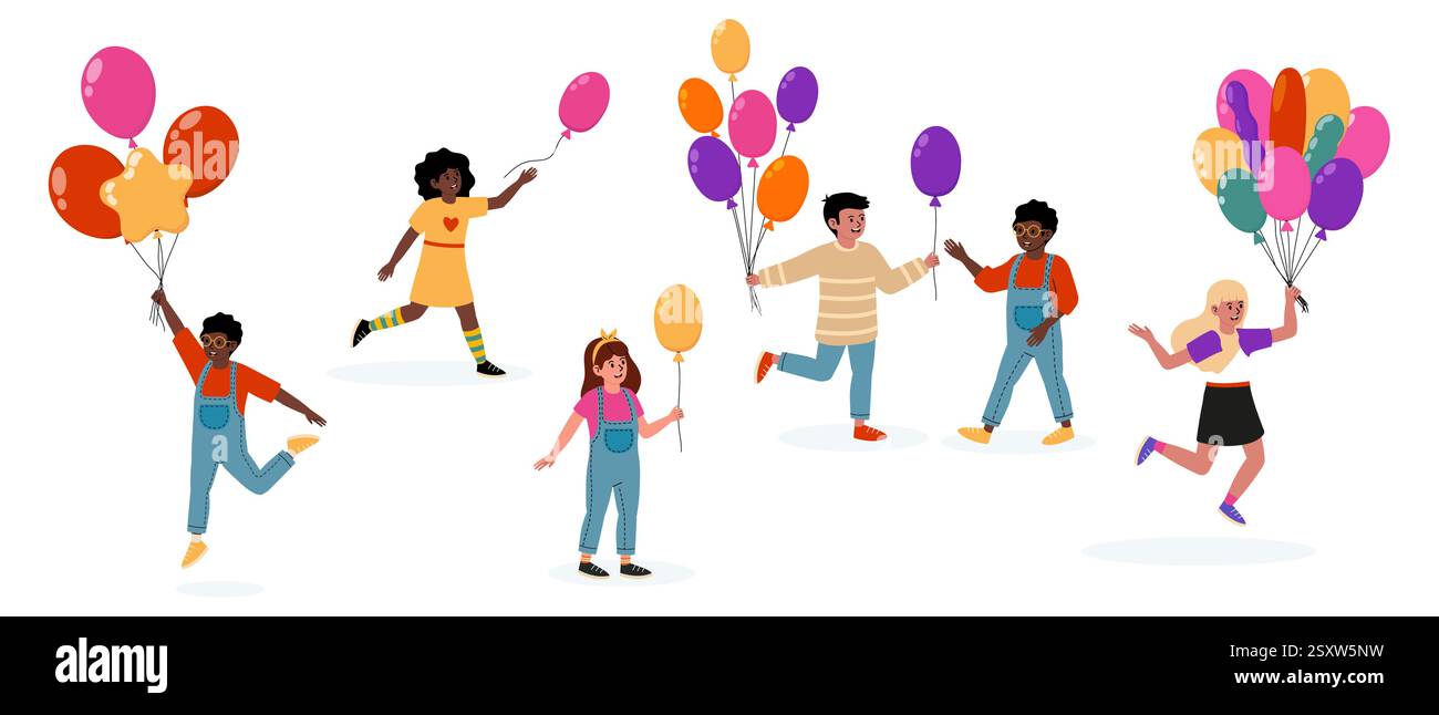 I bambini si godono una colorata festa in mongolfiera in un gioioso festival all'aperto Illustrazione Vettoriale