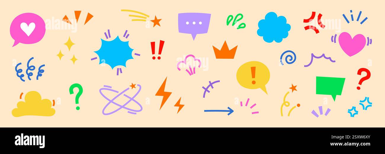 Set di icone di elementi di effetto fumetto fumettistico con fumetti. Fumetto simpatico, emoji, scintilla stellare, icona vettoriale cartoni animati movimento linea. Delinea il cuore di doodle, la freccia, la scintilla divertente. Illustrazione vettoriale Illustrazione Vettoriale