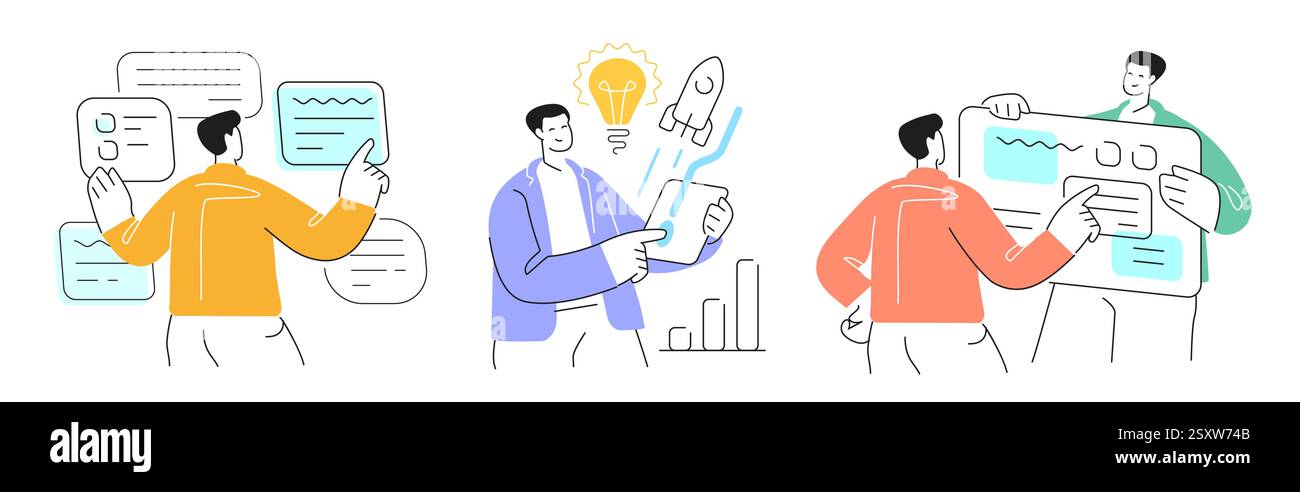 Persone coinvolte nello sviluppo di software o Web. Attività commerciali. Programmatore funzionante, avvio Illustrazione Vettoriale