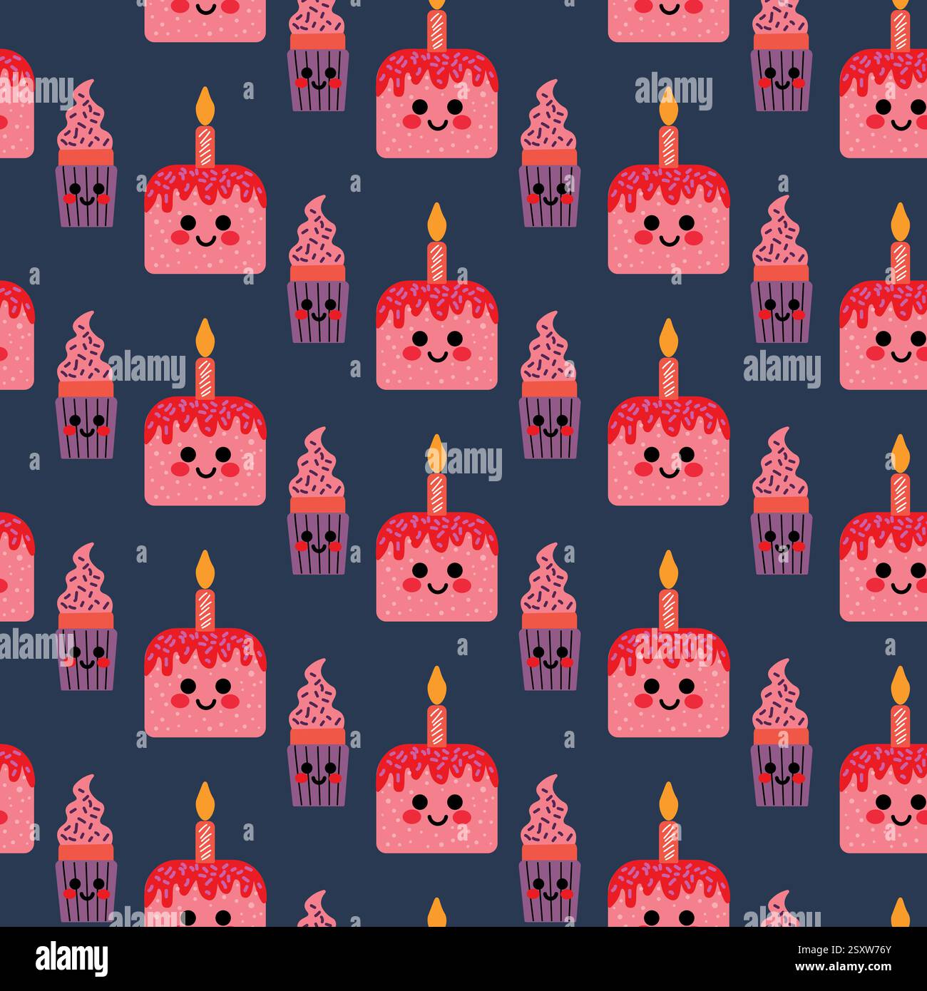 Motivo senza cuciture con torte sorridenti di compleanno e Cupcakes su sfondo scuro Illustrazione Vettoriale