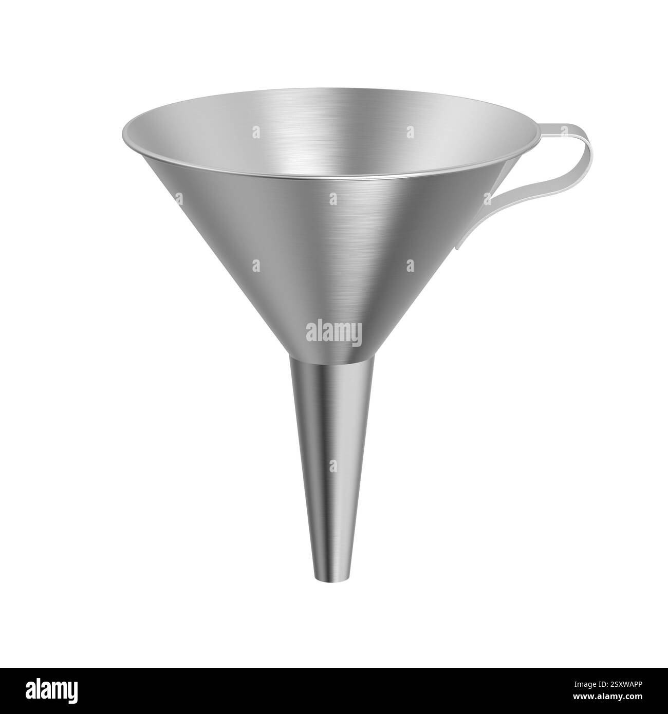 Imbuto in acciaio inox con manico. Isolato. Sfondo trasparente. illustrazione 3d. Foto Stock
