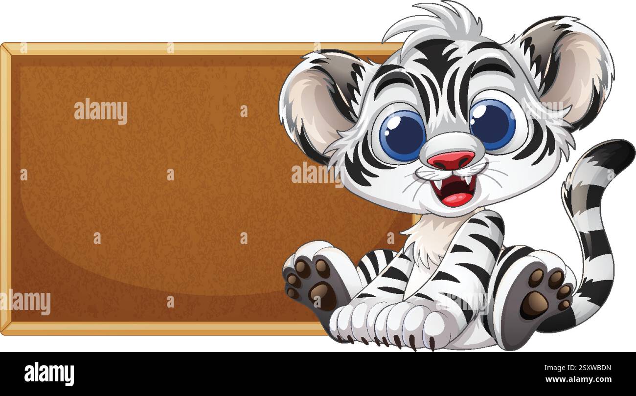 Adorabile cucciolo di tigre seduto accanto a un cartello vuoto Illustrazione Vettoriale