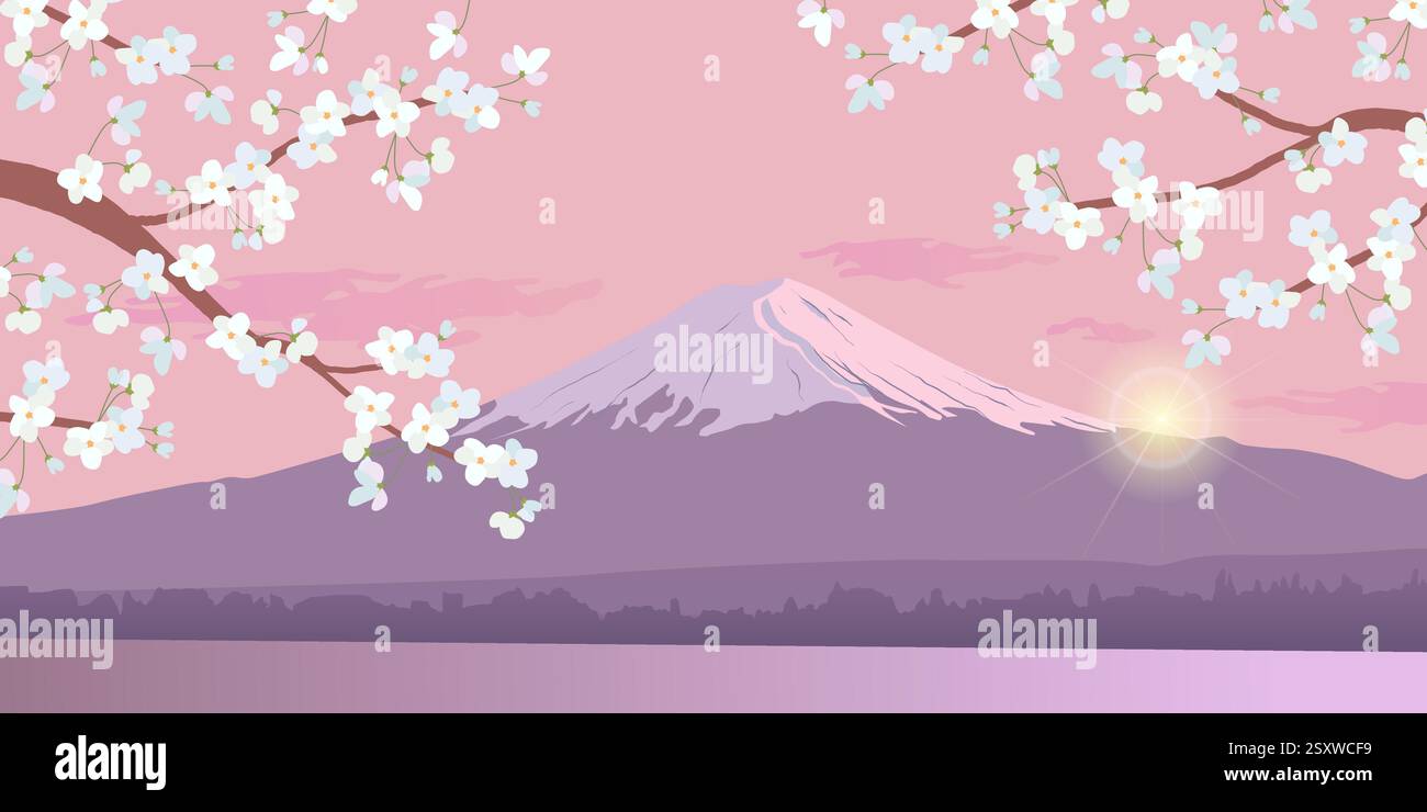 Ramo fiorito di ciliegi in fiore sullo sfondo del monte Fuji. Una cima innevata alla luce del sole. Immagine vettoriale realistica di petali bianchi che cadono. Paesaggio primaverile mattutino in Giappone. Illustrazione Vettoriale