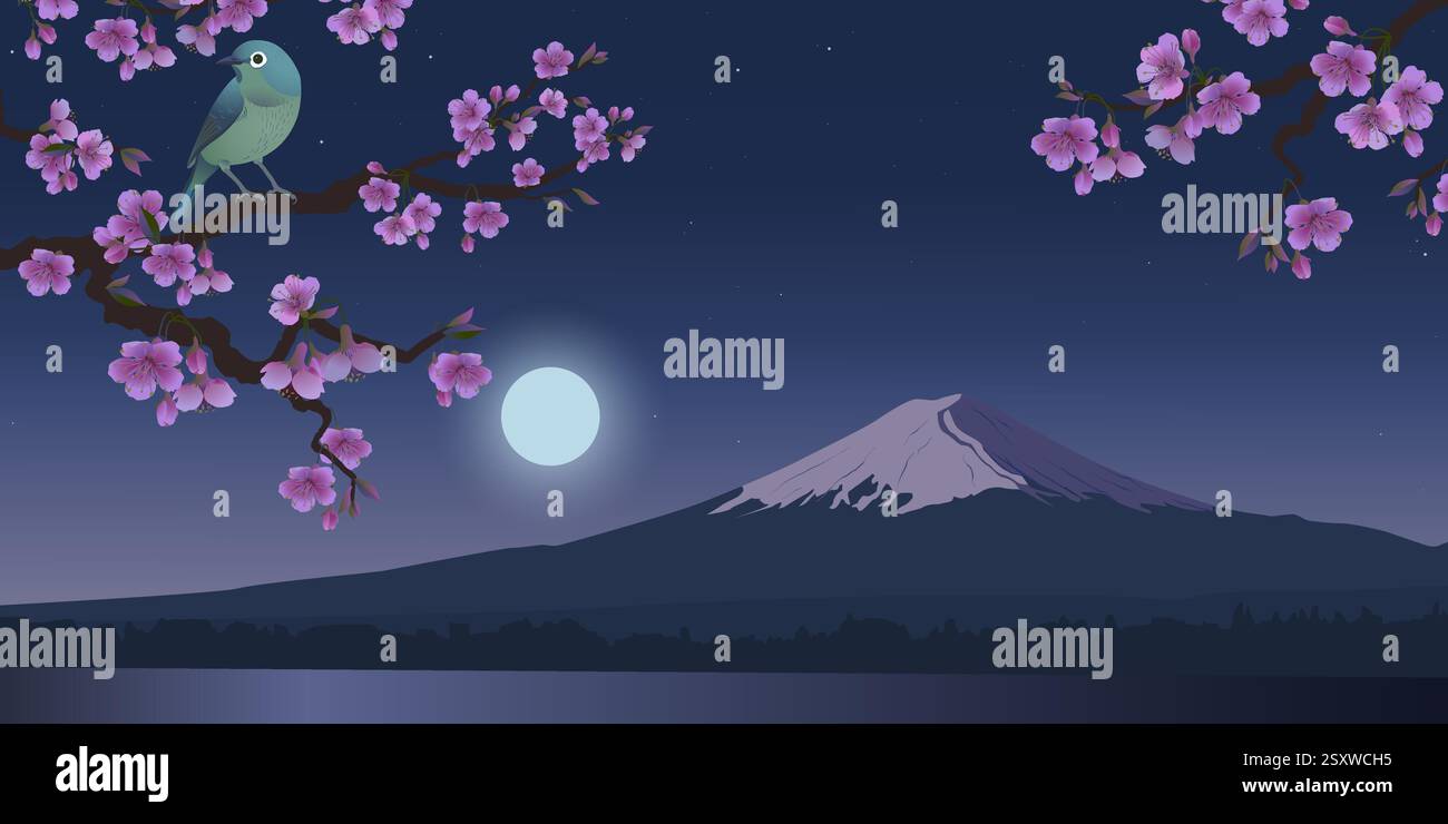 Grafica realistica dell'uccello Uguisu e dell'albero Sakura sullo sfondo della Luna. Nightingale giapponese su un ramo di ciliegie in fiore. Illustrazione vettoriale. Monte Fujiyama di notte. Illustrazione Vettoriale