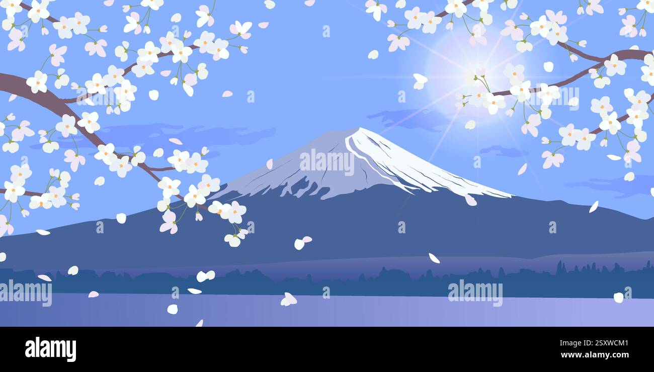 Luminoso paesaggio mattutino con cielo blu. Rami di ciliegi bianchi in fiore sullo sfondo del Monte Fuji. Festival tradizionale giapponese di Hanami i ciliegi fioriscono all'inizio della primavera. Illustrazione piatta Illustrazione Vettoriale