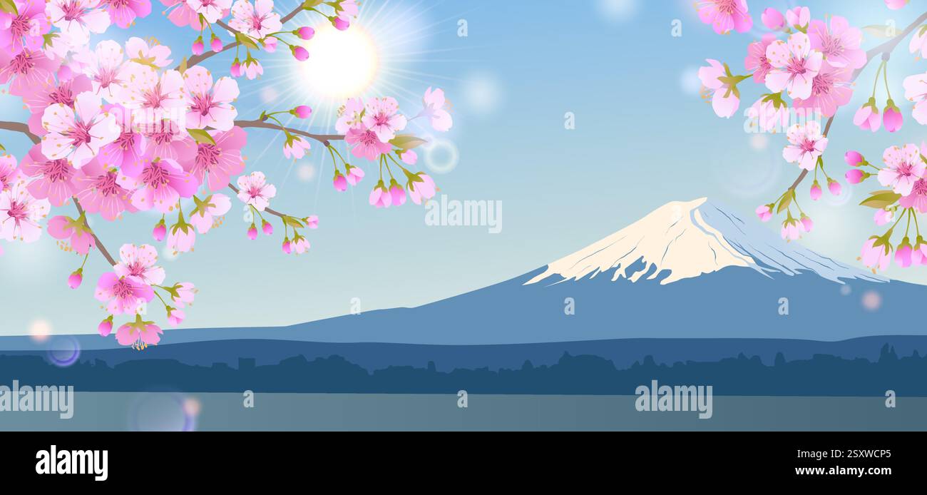 Luminoso paesaggio mattutino con cielo blu. Rami di ciliegi bianchi in fiore sullo sfondo del Monte Fuji. Festival tradizionale giapponese di Hanami i ciliegi fioriscono all'inizio della primavera. Illustrazione piatta Illustrazione Vettoriale