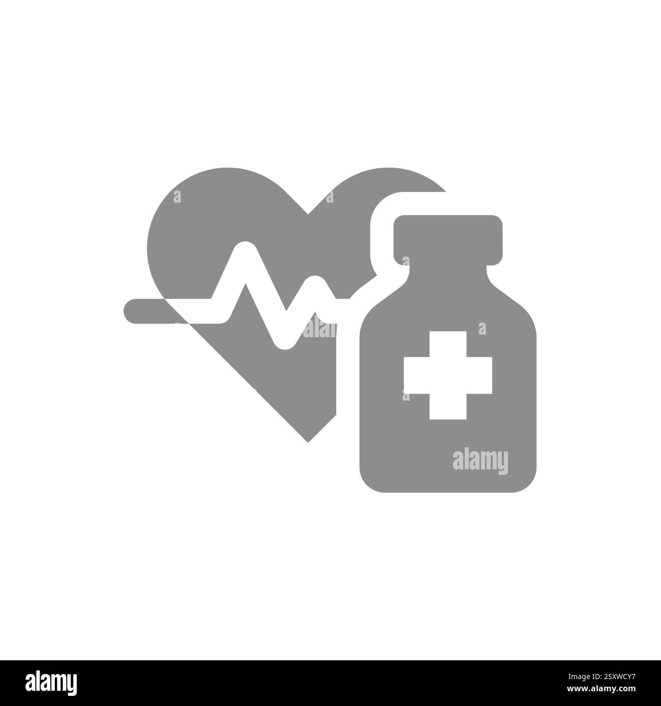 Cuore con battito cardiaco o battito cardiaco e flacone di pillole. Medicina cardiologica e flaconcino di farmaco o flacon. Illustrazione Vettoriale