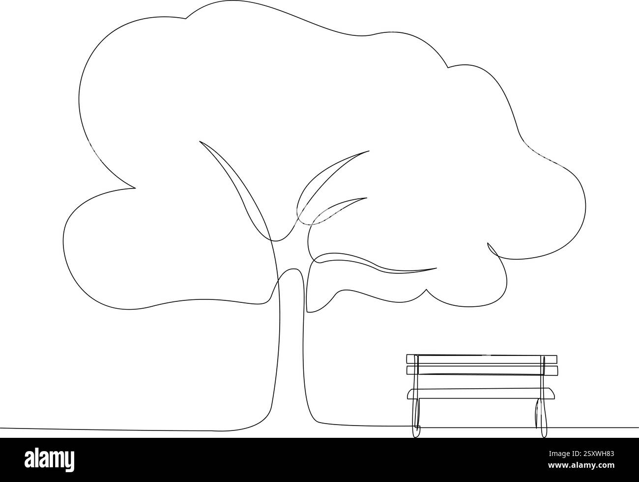 Parco paesaggistico con sentieri e alberi. Panca in legno su un sentiero in giardino o parco. Un luogo dove rilassarsi nella natura. Disegno a linea continua. Illustrazione vettoriale Illustrazione Vettoriale