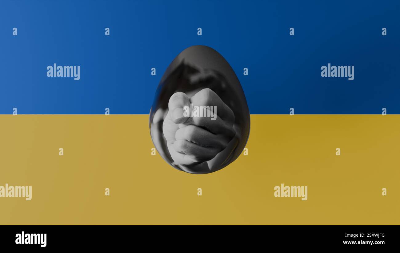Modello 3D dell'uovo di Pasqua con una ragazza che stringe il pugno sullo sfondo della bandiera Ucraina, Pasqua in Ucraina, forza e volontà Foto Stock