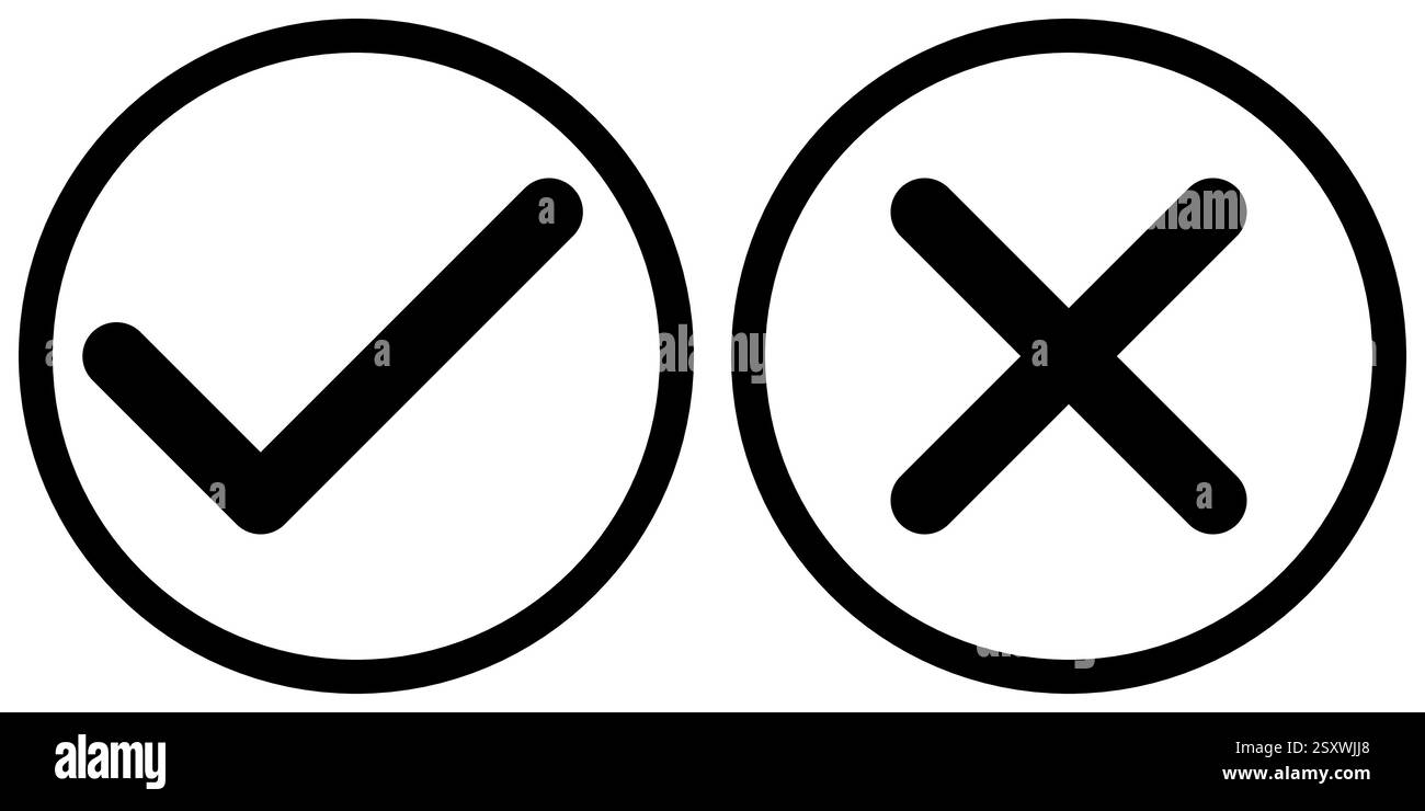 Segno di spunta e x in cerchio, segno di spunta OK e simbolo X croce, illustrazione vettoriale in bianco e nero isolata su un bianco Illustrazione Vettoriale