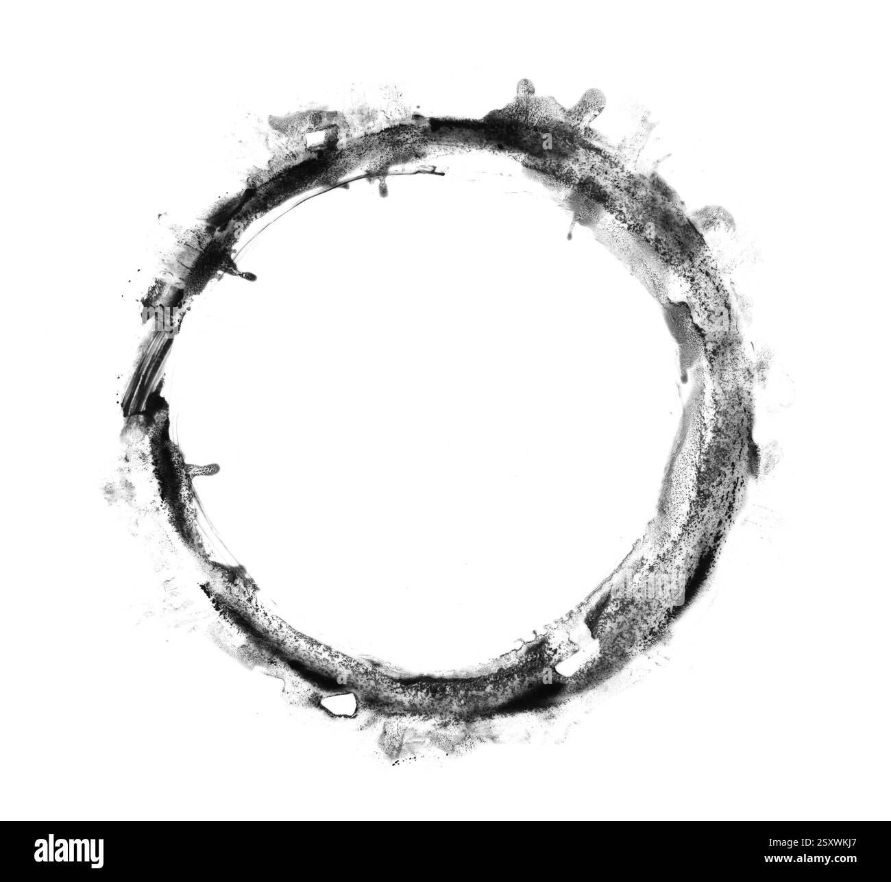 Cornice in legno circolare. Cornice nera tonda grunge. Tratto del pennello texture circolare in nero. Isolato su bianco. Posiziona per testo. Foto Stock
