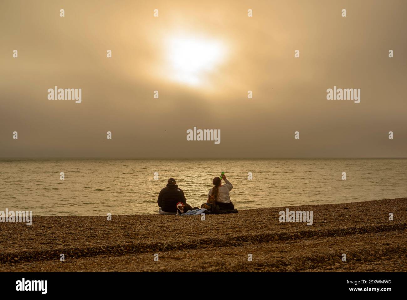 Due donne e un cane seduti su una spiaggia che guarda al mare al tramonto in inverno Foto Stock