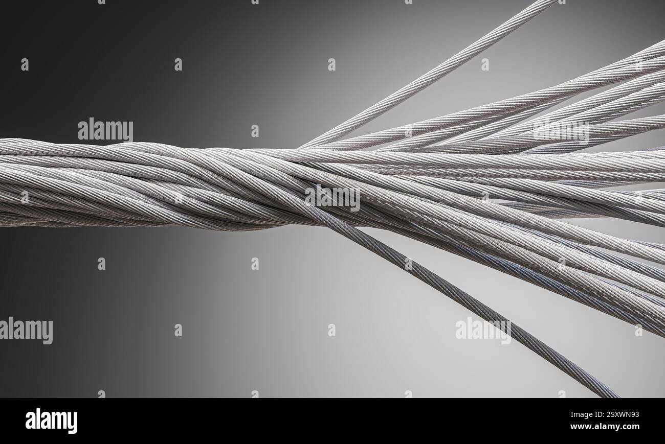 Srotolamento del cavo in acciaio, esponendo singoli trefoli su sfondo gradiente 3d. Foto Stock