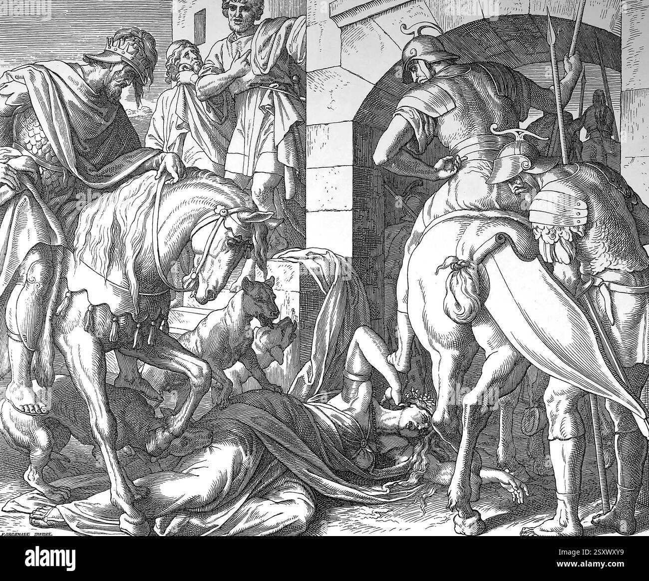 Vecchio Testamento. La fine di Jezebel Secondo Libro dei Re. Illustrazione di J. Schnorr von Carolsfeld. "La Bibbia dei quadri", 1852-60. Foto Stock