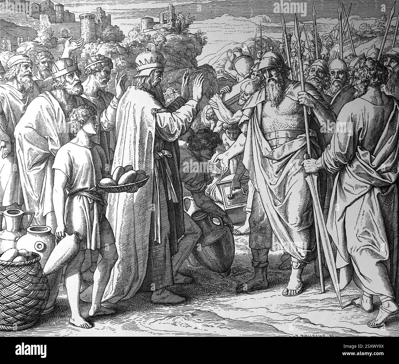 Vecchio Testamento. "Abram è benedetto dal re di Sodoma Melchizedek". Genesi. Illustrazione di J. Schnorr von Carolsfeld. "La Bibbia dei quadri", 1852-60. Foto Stock