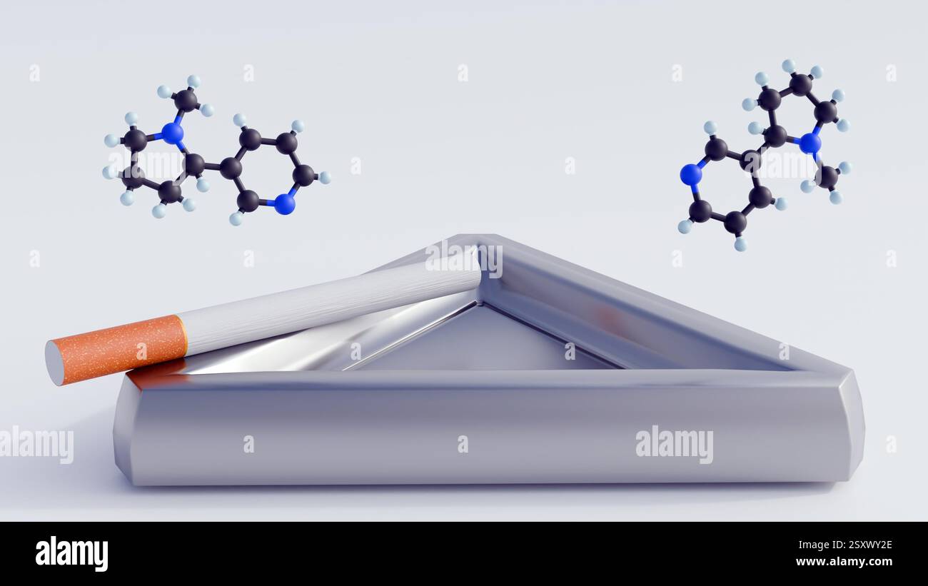 Rendering 3d delle sigarette su un posacenere e struttura chimica alla nicotina Foto Stock