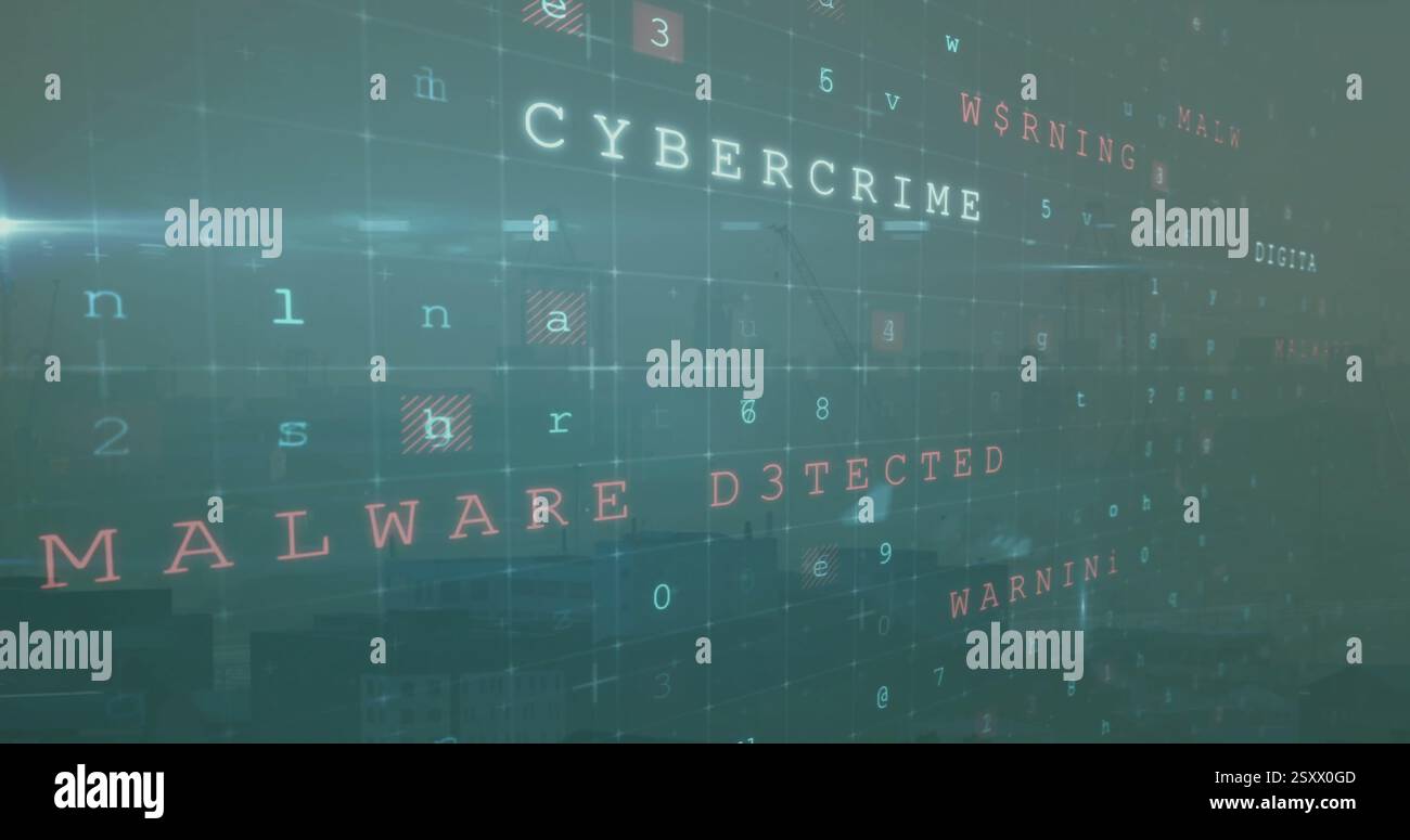 Immagine del testo di avvertenza cibernetica e dell'elaborazione dei dati sul paesaggio urbano Foto Stock