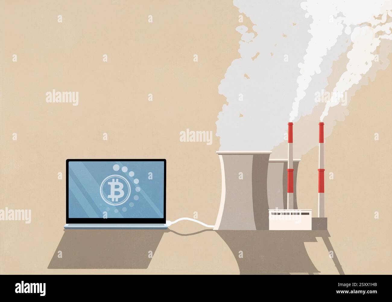 Computer portatile Bitcoin collegato alla fabbrica che emette fumo dalle ciminiere Foto Stock