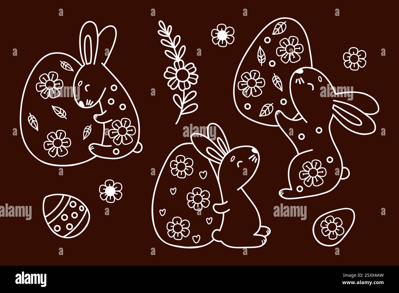 Delineare i coniglietti di Pasqua con le uova pasquali. Collezione Spring Holiday. Isolated Vector Line illustrazioni disegnate a mano per decorazioni e design natalizi Illustrazione Vettoriale