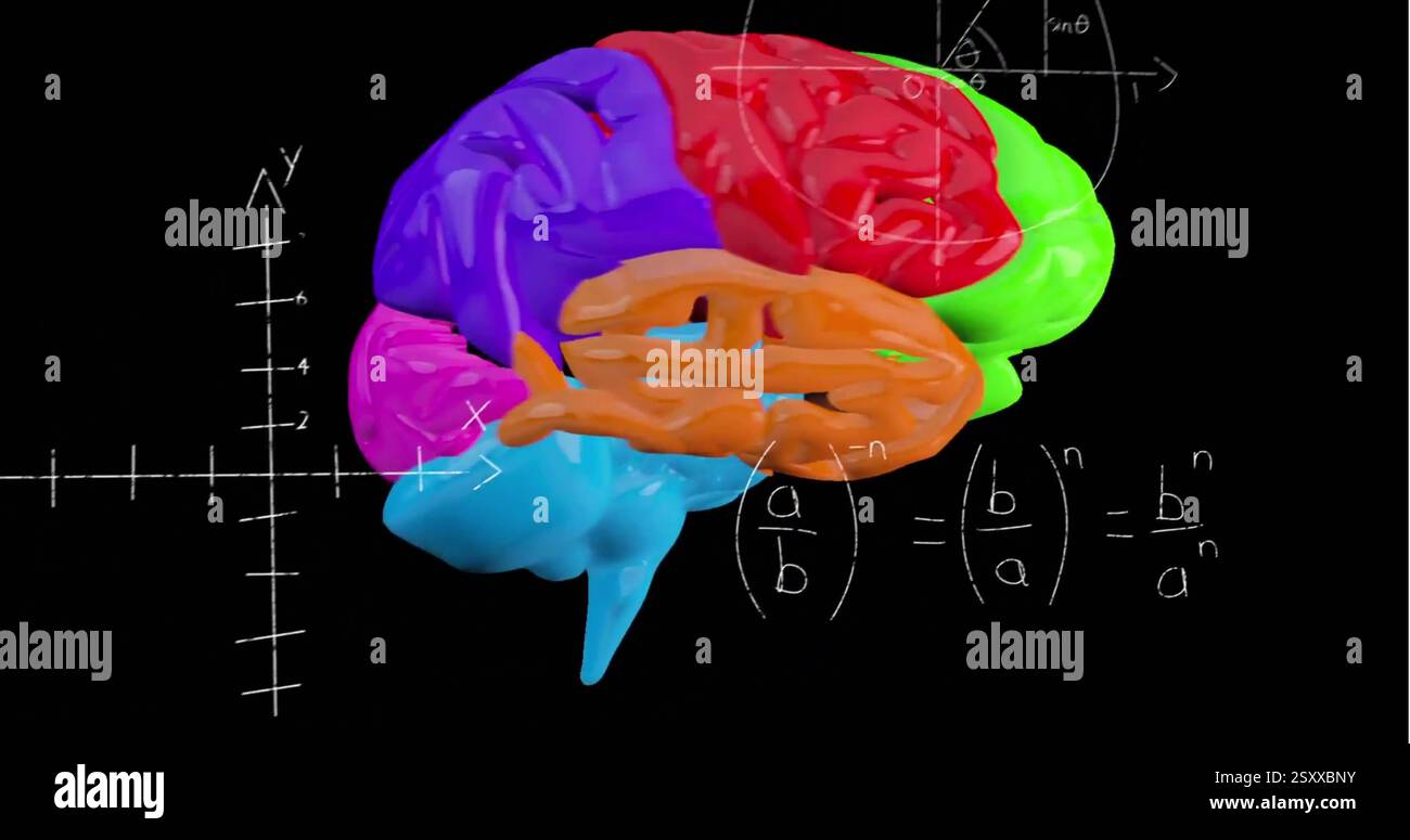 Immagine di un cervello colorato che gira su equazioni matematiche Foto Stock