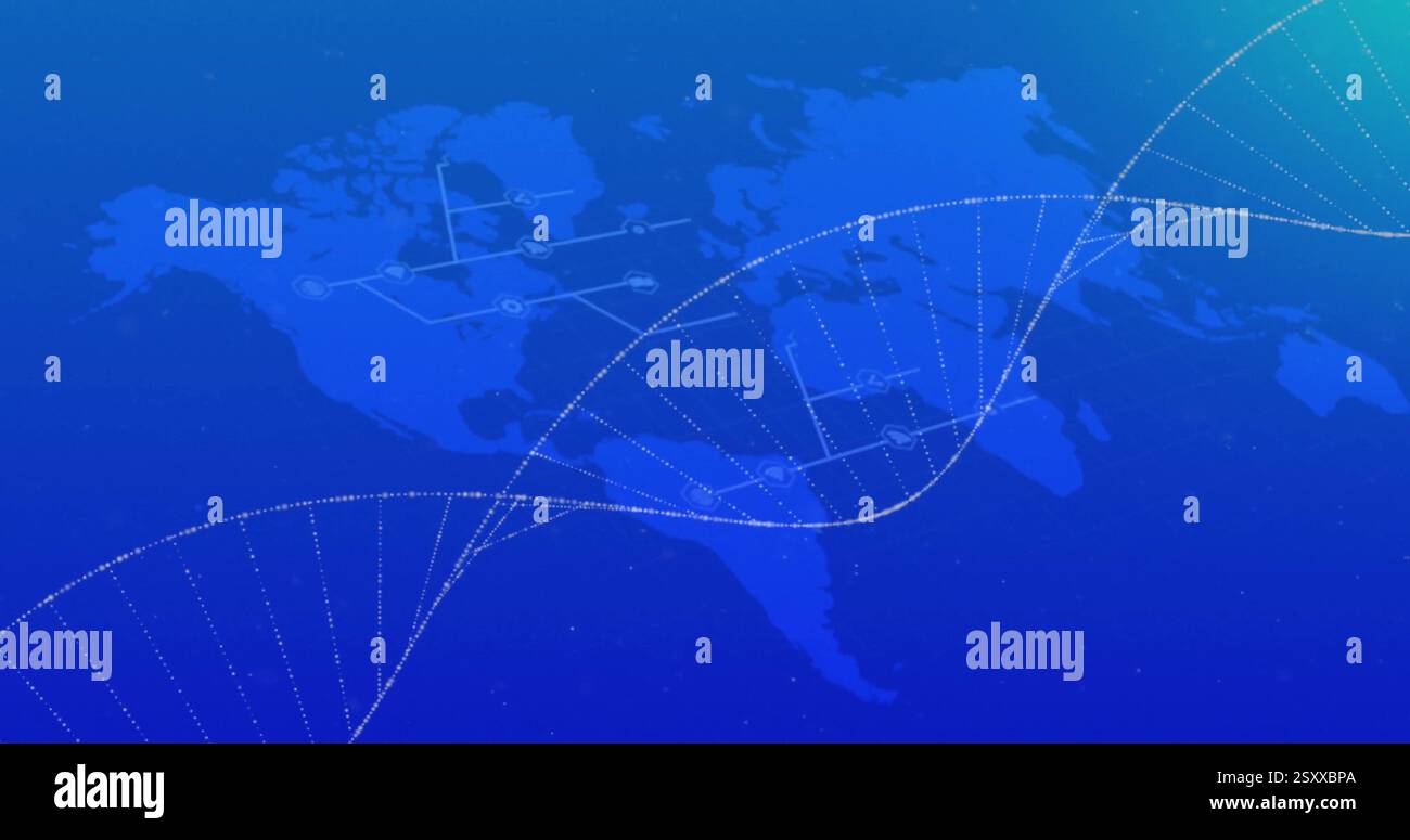 Immagine del filamento di dna e mappa del mondo su sfondo blu Foto Stock