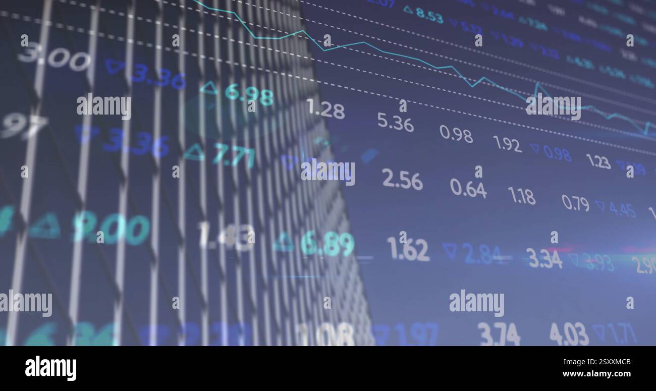 Immagine dei dati del mercato azionario sullo sfondo dell'edificio del grattacielo Foto Stock
