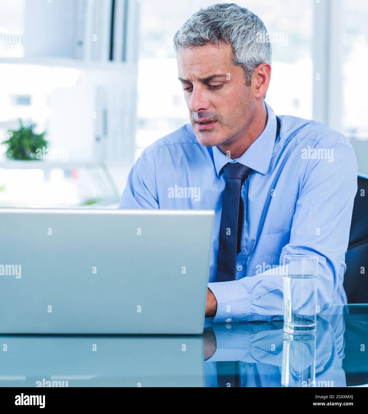 In ufficio, uomo d'affari che lavora con un notebook, concentrato e professionale alla scrivania Foto Stock