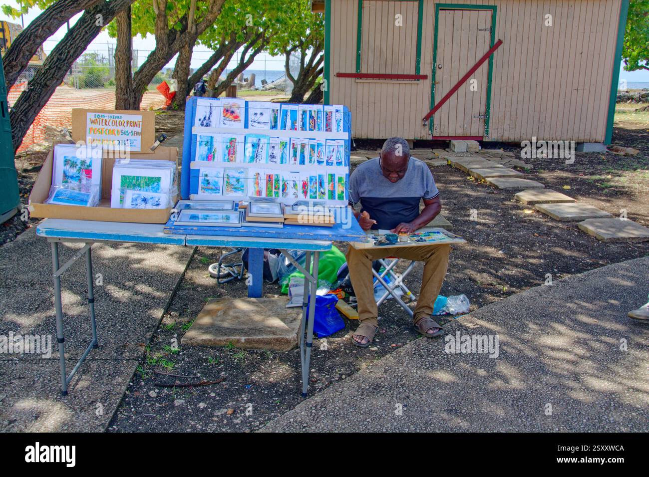 Barbados - Bridgetown Street Artist vende la sua arte. Foto Stock