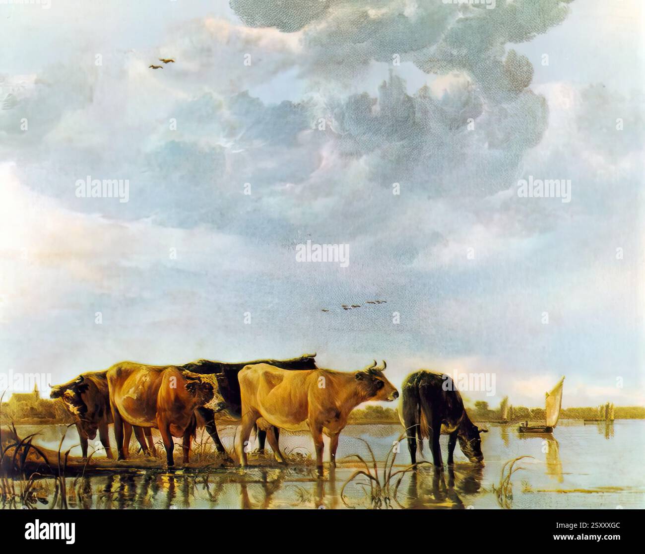 CUYP, Aelbert (1620, Dordrecht, d. 1691, Dordrecht) mucche in the Water - Panel, 59 x 74 cm Museum of fine Arts, Budapest Cuyp non era solo un paesaggista, anche se non c'è dubbio che le sue opere più attraenti e significative appartengono a questo genere. La sua gamma comprendeva pezzi di conversazione, paesaggi marini, ritratti e ritratti di gruppo, ma più spesso raffigurava animali e paesaggi con figure umane impegnate nella pesca, nella caccia o nell'equitazione. L'ambientazione è generalmente la campagna intorno alla sua città natale, Dordrecht, e le sue foto ci mostrano l'estuario della Mosa con la sua costa bassa Foto Stock