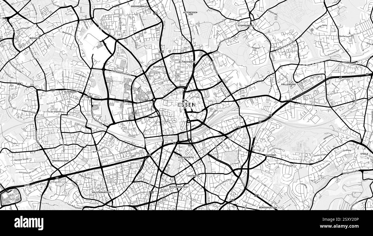 Mappa minimalista di Essen Street con etichette e quartieri con molti dettagli per strade, sentieri e strade urbane. Foto Stock