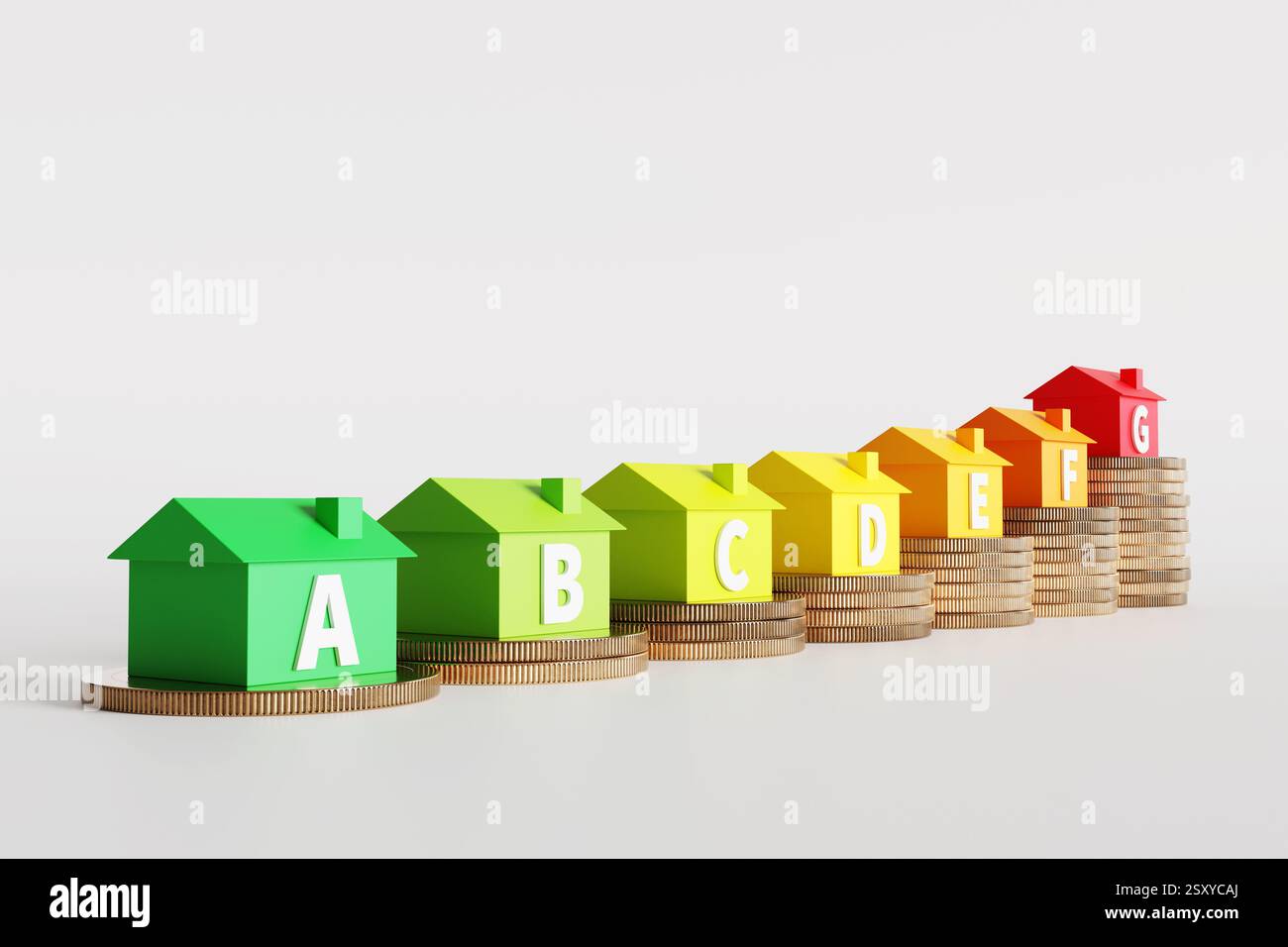 Case di diversi colori con una lettera da A a G su pile di monete d'oro su sfondo bianco. Efficienza energetica nominale Foto Stock