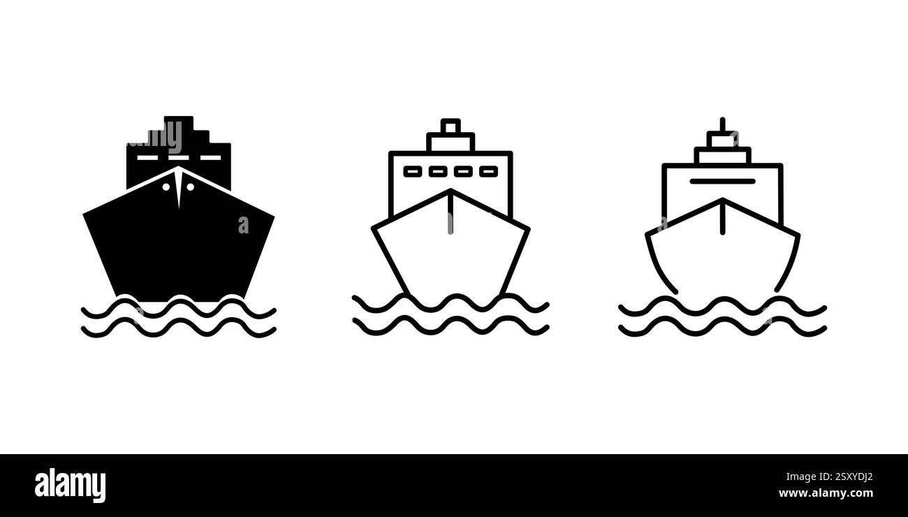 Set di icone di colore linea e silhouette delle navi da crociera. Pittogramma della nave oceanica. Symbol Collection of Cargo Ship, Cargo Marine Transport sul retro bianco Illustrazione Vettoriale