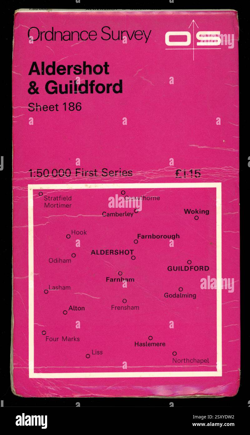 Vintage Ordnance Survey MAP for Aldershot and Guildford, Landranger series, foglio 186, data di pubblicazione 1974, Regno Unito Foto Stock