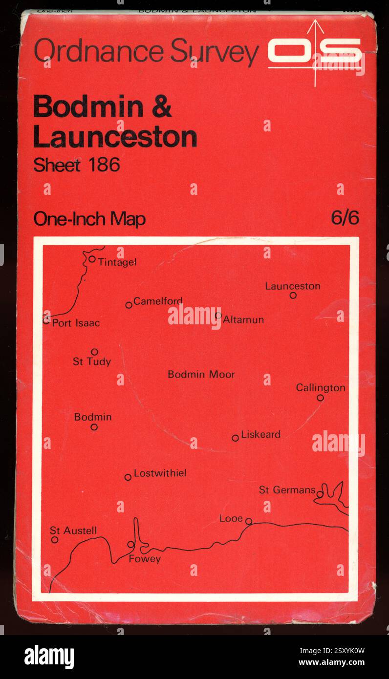 Mappa vintage Ordnance Survey per Bodmin e Launceston, foglio 186. Mappa di un pollice. Data di pubblicazione 1967, Regno Unito Foto Stock