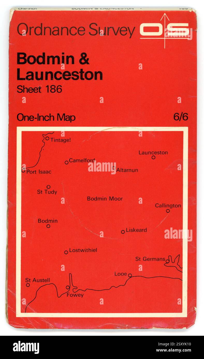 Mappa vintage Ordnance Survey per Bodmin e Launceston, foglio 186. Mappa di un pollice. Data di pubblicazione 1967, Regno Unito Foto Stock
