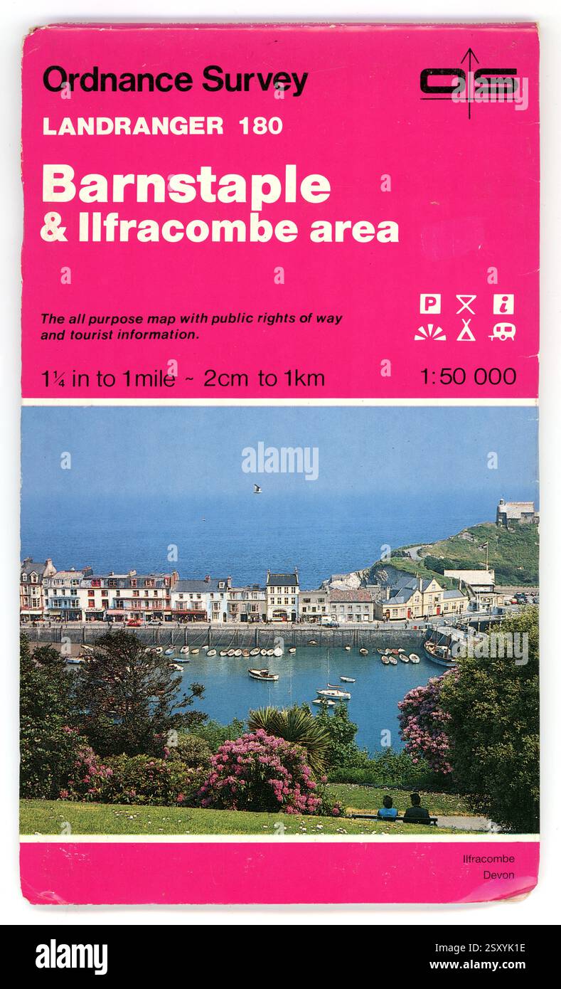 Vintage Ordnance Survey MAP for Barnstable and Ilfracombe, Landranger series 180, data di pubblicazione 1989 Foto Stock
