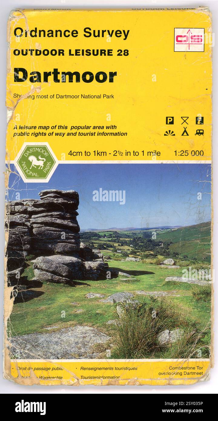 Vintage Ordnance Survey MAP Dartmoor, Outdoor Leisure series, foglio 28, che mostra la maggior parte del Dartmoor National Park, data di pubblicazione 1995, Devon, Regno Unito Foto Stock