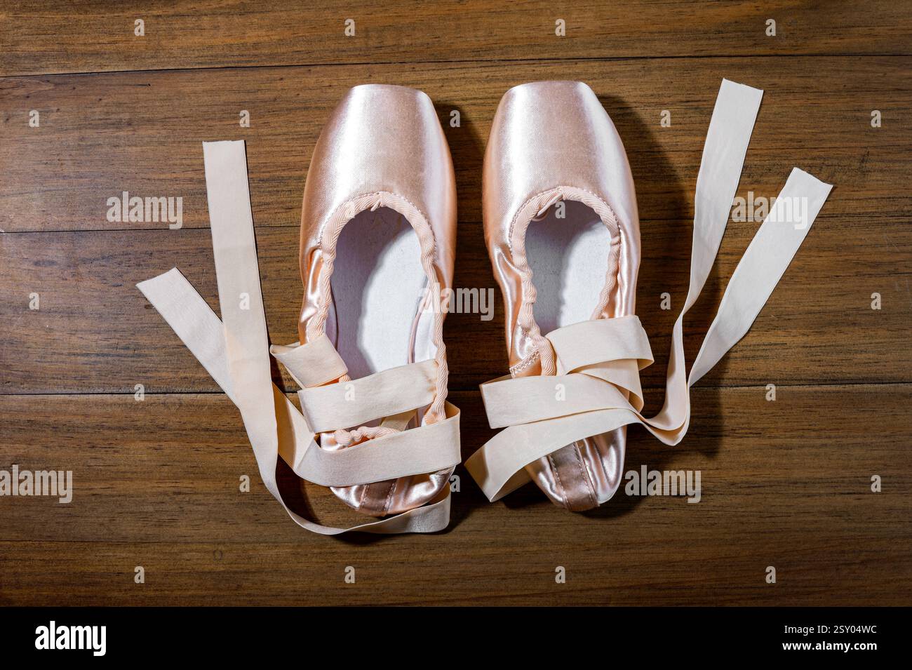 Scarpe da balletto pointe su un pavimento in legno, che rappresentano la danza classica, l'arte e gli hobby artistici Foto Stock