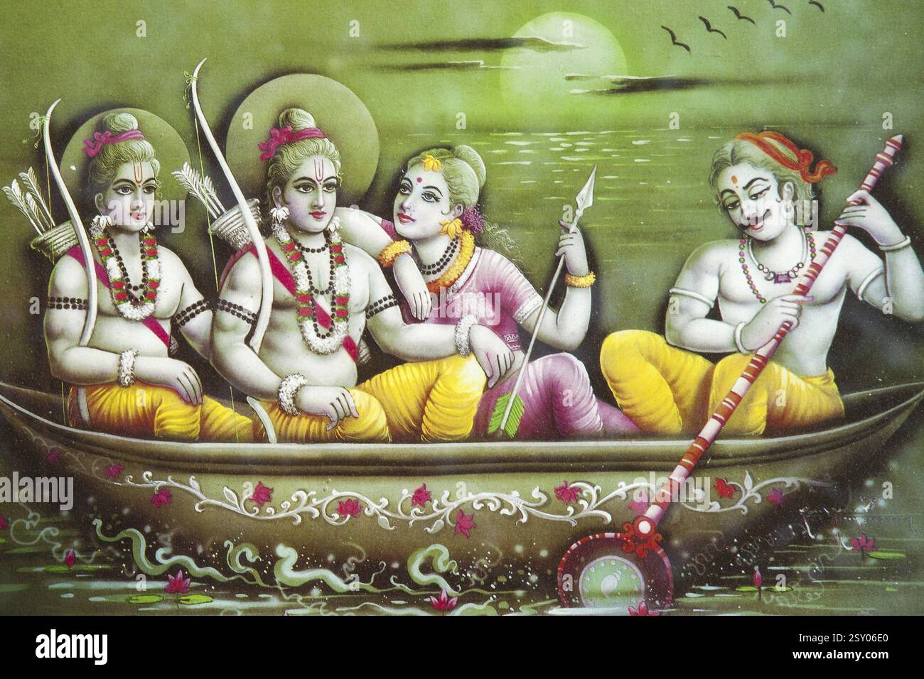 Pittura di Lord RAM Laxman e Sita in barca India Foto Stock